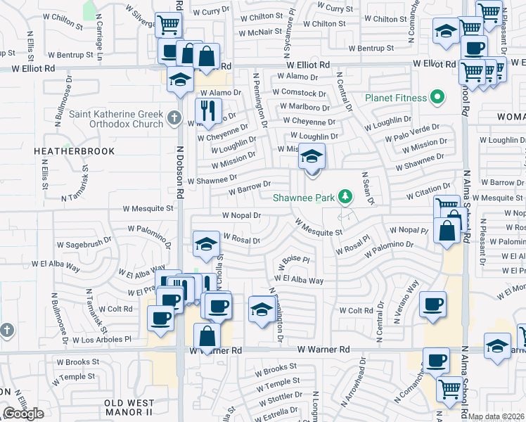 map of restaurants, bars, coffee shops, grocery stores, and more near 1614 West Nopal Drive in Chandler