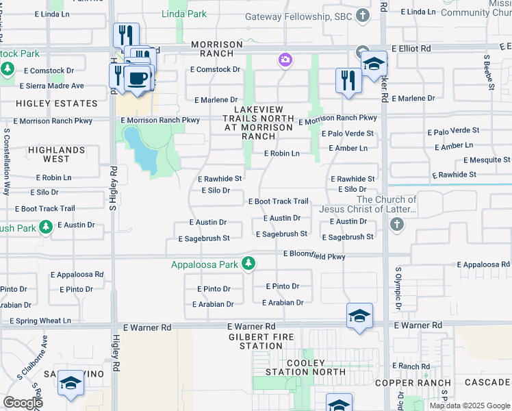 map of restaurants, bars, coffee shops, grocery stores, and more near 3623 East Boot Track Trail in Gilbert