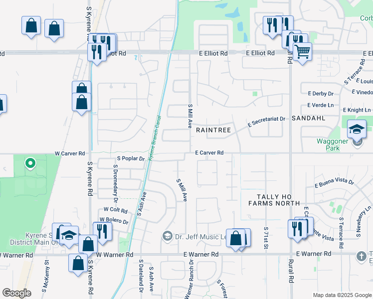 map of restaurants, bars, coffee shops, grocery stores, and more near 4 West Carver Road in Tempe