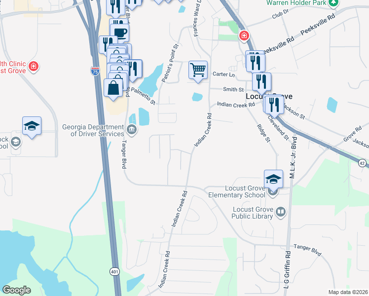 map of restaurants, bars, coffee shops, grocery stores, and more near 201 Polo Lane in Locust Grove