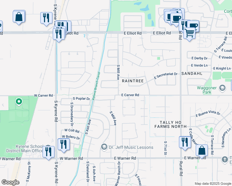 map of restaurants, bars, coffee shops, grocery stores, and more near 4 West Carver Road in Tempe