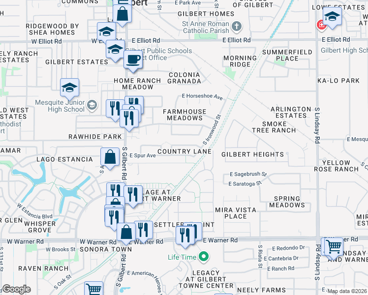 map of restaurants, bars, coffee shops, grocery stores, and more near 236 East Spur Avenue in Gilbert