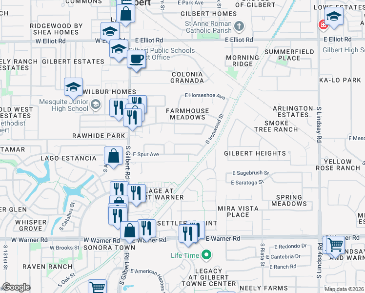 map of restaurants, bars, coffee shops, grocery stores, and more near 236 East Spur Avenue in Gilbert