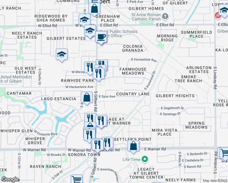 map of restaurants, bars, coffee shops, grocery stores, and more near 103 East Smoke Tree Road in Gilbert