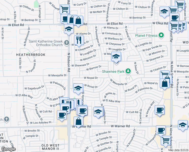 map of restaurants, bars, coffee shops, grocery stores, and more near 1614 West Nopal Drive in Chandler