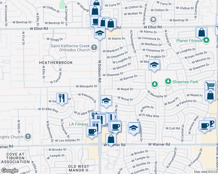 map of restaurants, bars, coffee shops, grocery stores, and more near 1720 West Nopal Drive in Chandler