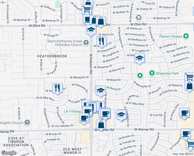 map of restaurants, bars, coffee shops, grocery stores, and more near 2314 North Yucca Street in Chandler