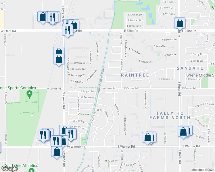 map of restaurants, bars, coffee shops, grocery stores, and more near 8209 South Mill Avenue in Tempe