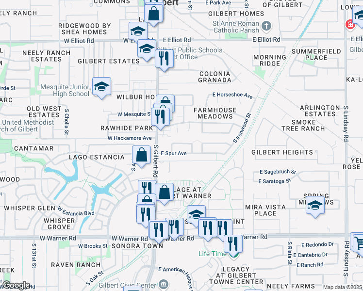 map of restaurants, bars, coffee shops, grocery stores, and more near 103 East Smoke Tree Road in Gilbert