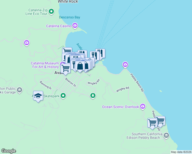 map of restaurants, bars, coffee shops, grocery stores, and more near 2 Upper Terrace Road in Avalon