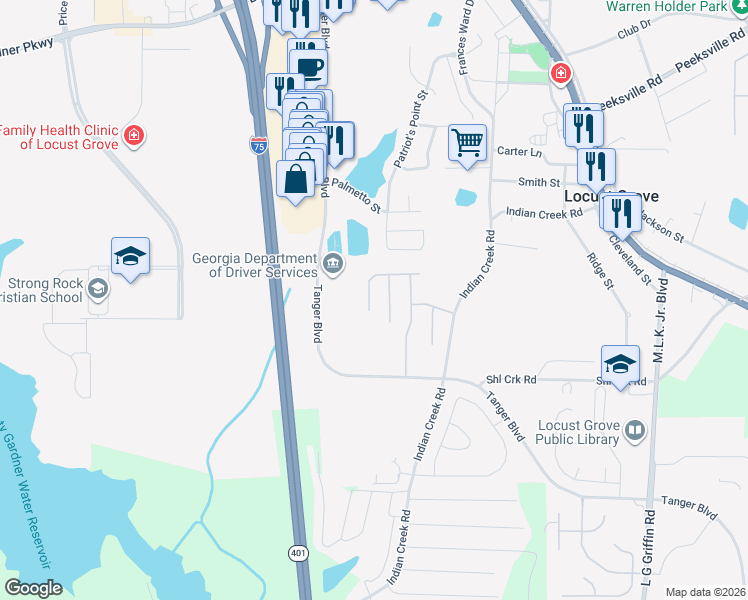 map of restaurants, bars, coffee shops, grocery stores, and more near 568 Hansen Drive in Locust Grove