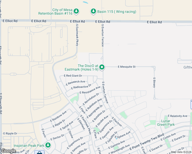 map of restaurants, bars, coffee shops, grocery stores, and more near 9980 East Red Giant Drive in Mesa