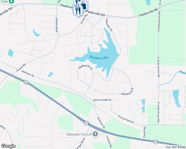 map of restaurants, bars, coffee shops, grocery stores, and more near 21 Skyland Drive in Locust Grove