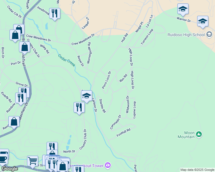map of restaurants, bars, coffee shops, grocery stores, and more near 100 Poco Loco Drive in Ruidoso