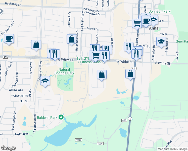 map of restaurants, bars, coffee shops, grocery stores, and more near 829 Bens Drive in Anna