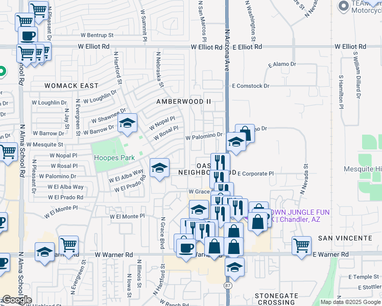 map of restaurants, bars, coffee shops, grocery stores, and more near 286 West Palomino Drive in Chandler