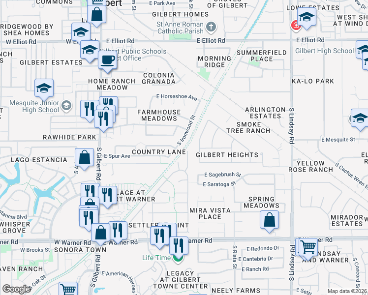 map of restaurants, bars, coffee shops, grocery stores, and more near Heritage Trail in Gilbert