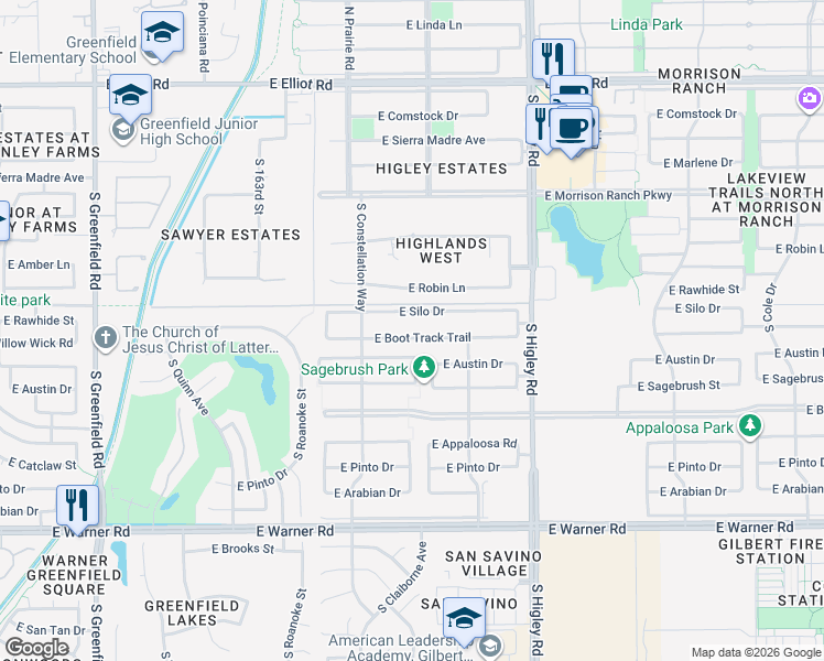 map of restaurants, bars, coffee shops, grocery stores, and more near 2980 East Boot Track Trail in Gilbert
