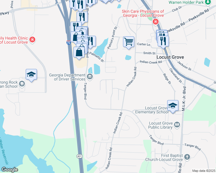 map of restaurants, bars, coffee shops, grocery stores, and more near 418 Buckboard Lane in Locust Grove