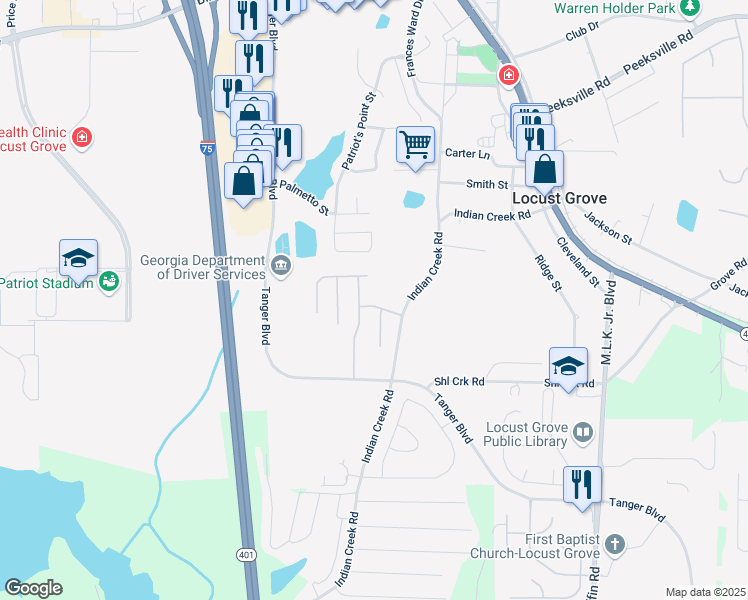 map of restaurants, bars, coffee shops, grocery stores, and more near 132 Whimsical Court in Locust Grove
