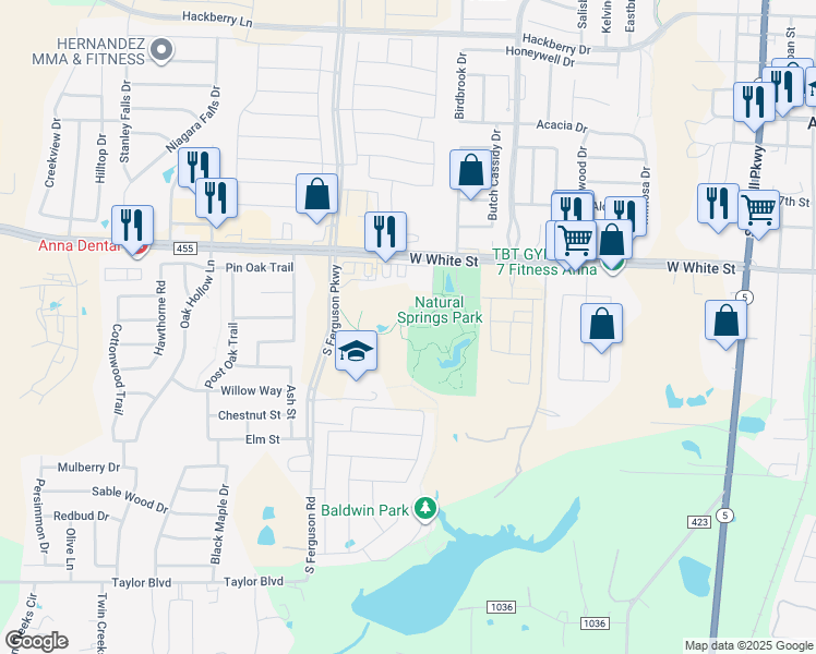 map of restaurants, bars, coffee shops, grocery stores, and more near Natural Springs Park Trail in Anna