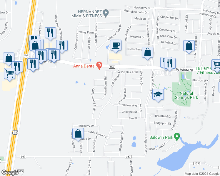 map of restaurants, bars, coffee shops, grocery stores, and more near 924 Oak Hollow Lane in Anna