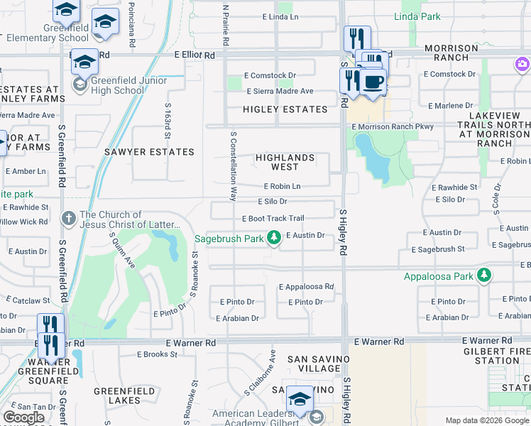 map of restaurants, bars, coffee shops, grocery stores, and more near 2980 East Boot Track Trail in Gilbert