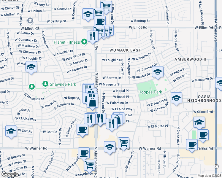 map of restaurants, bars, coffee shops, grocery stores, and more near 807 West Nopal Place in Chandler