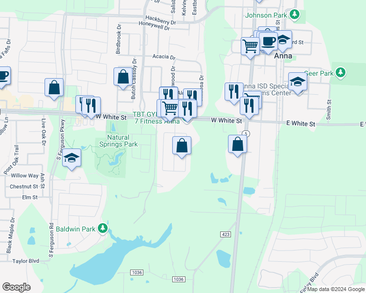 map of restaurants, bars, coffee shops, grocery stores, and more near 902 Westfield Drive in Anna