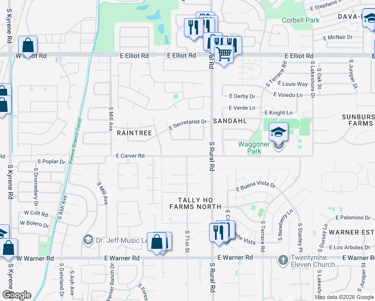 map of restaurants, bars, coffee shops, grocery stores, and more near 616 East Carver Road in Tempe