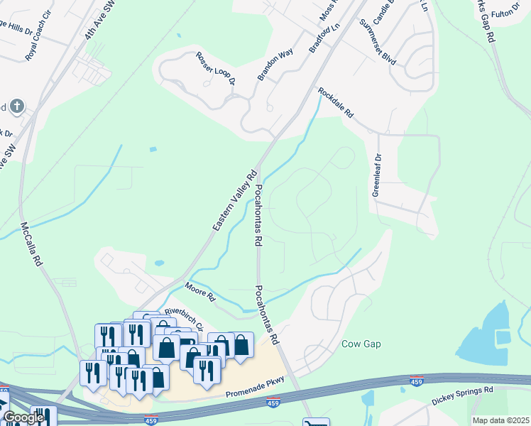 map of restaurants, bars, coffee shops, grocery stores, and more near 4635 Rosser Farms Parkway in Bessemer