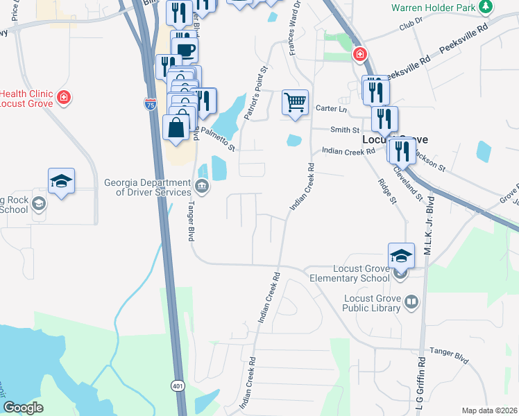 map of restaurants, bars, coffee shops, grocery stores, and more near 348 Clover Brook Drive in Locust Grove