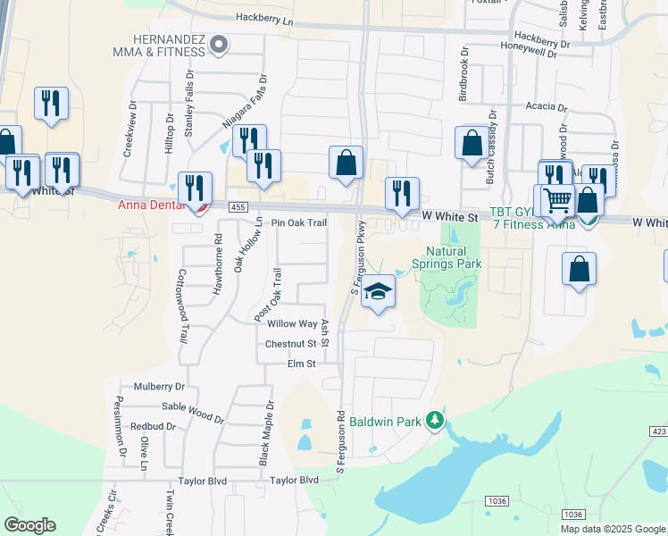map of restaurants, bars, coffee shops, grocery stores, and more near 1606 Red Oak Trail in Anna