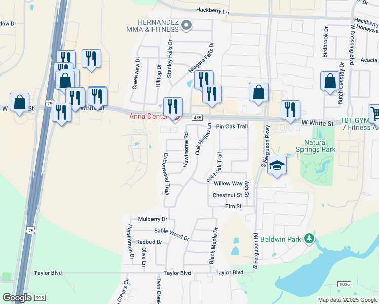 map of restaurants, bars, coffee shops, grocery stores, and more near 925 Hawthorne Road in Anna