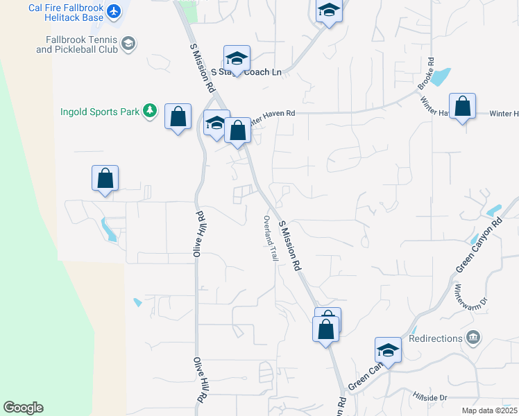map of restaurants, bars, coffee shops, grocery stores, and more near 2715 South Mission Road in Fallbrook