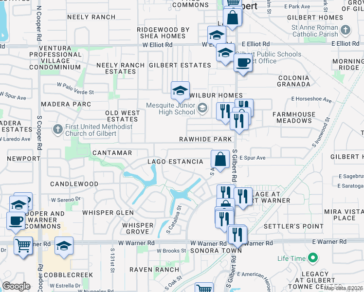 map of restaurants, bars, coffee shops, grocery stores, and more near 233 West Smoke Tree Road in Gilbert