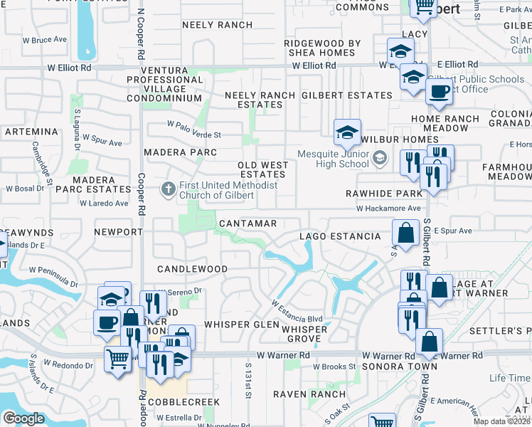 map of restaurants, bars, coffee shops, grocery stores, and more near 457 West Smoke Tree Road in Gilbert