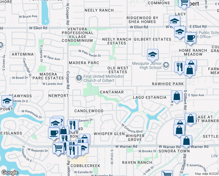 map of restaurants, bars, coffee shops, grocery stores, and more near 515 West Smoke Tree Road in Gilbert