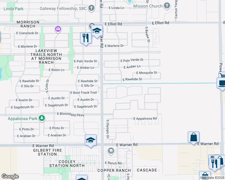 map of restaurants, bars, coffee shops, grocery stores, and more near 455 South Recker Road in Gilbert
