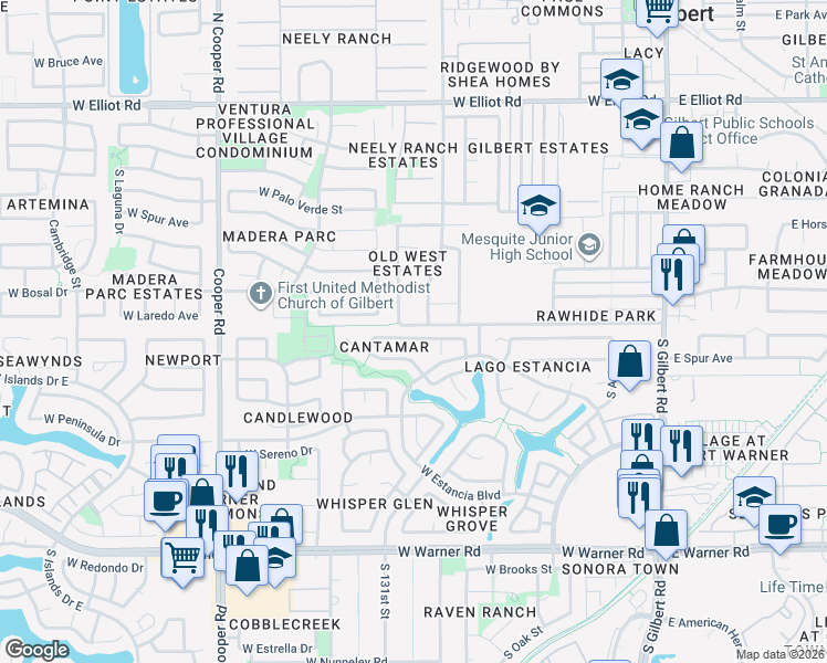 map of restaurants, bars, coffee shops, grocery stores, and more near 457 West Smoke Tree Road in Gilbert