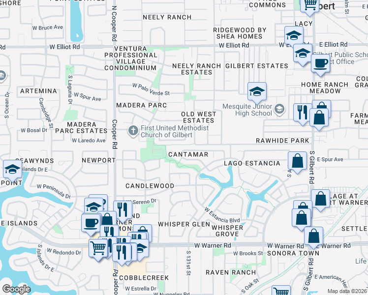 map of restaurants, bars, coffee shops, grocery stores, and more near 515 West Smoke Tree Road in Gilbert