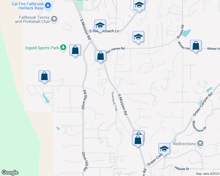 map of restaurants, bars, coffee shops, grocery stores, and more near 2715 South Mission Road in Fallbrook