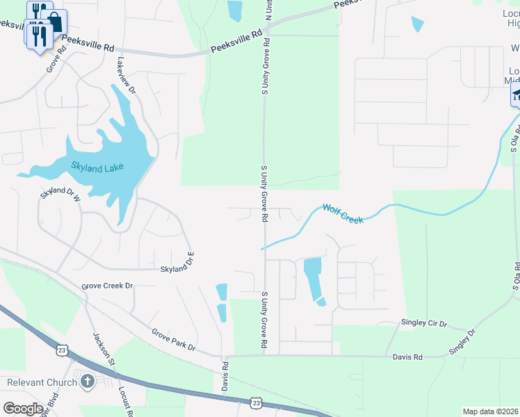 map of restaurants, bars, coffee shops, grocery stores, and more near 808 Cazadero Court in Locust Grove