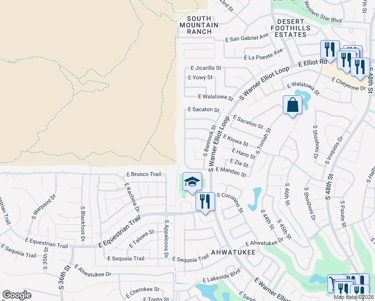 map of restaurants, bars, coffee shops, grocery stores, and more near 11463 South Mandan Street in Phoenix