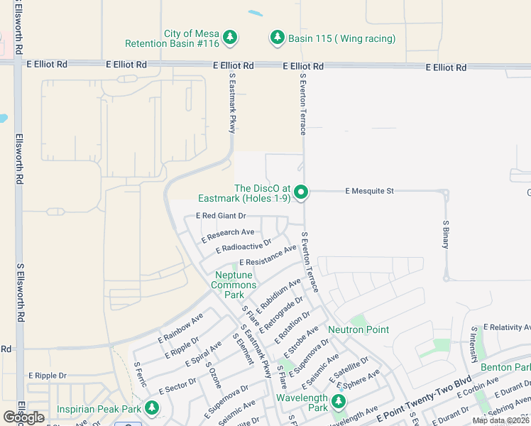 map of restaurants, bars, coffee shops, grocery stores, and more near 9841 East Red Giant Drive in Mesa