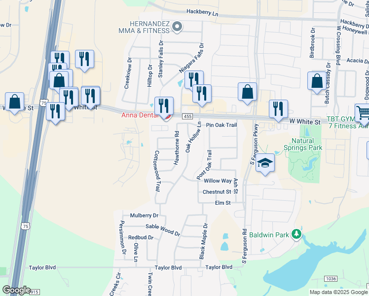 map of restaurants, bars, coffee shops, grocery stores, and more near 1005 Hawthorne Road in Anna