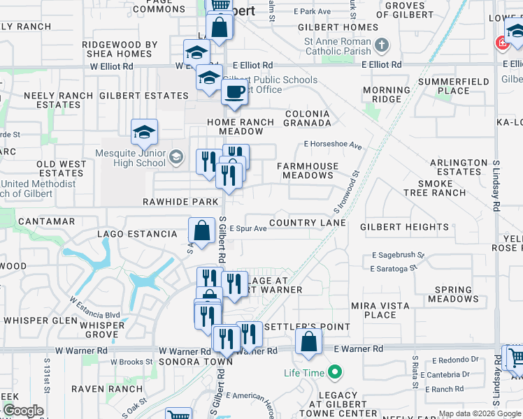 map of restaurants, bars, coffee shops, grocery stores, and more near 103 East Smoke Tree Road in Gilbert