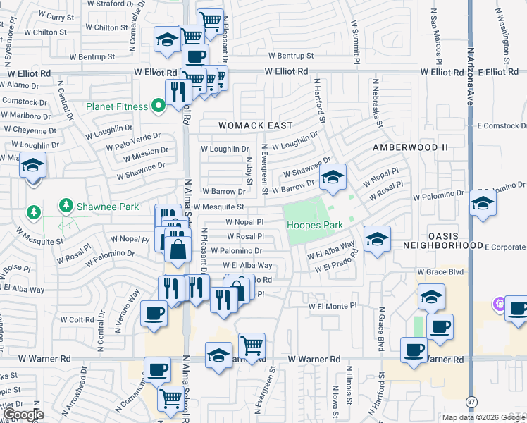 map of restaurants, bars, coffee shops, grocery stores, and more near 719 West Nopal Place in Chandler