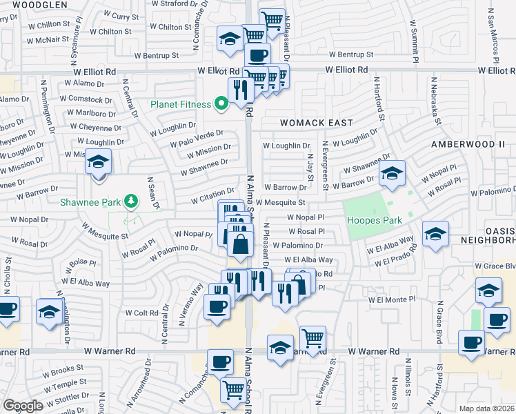 map of restaurants, bars, coffee shops, grocery stores, and more near 2412 North Pleasant Drive in Chandler