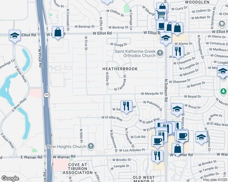 map of restaurants, bars, coffee shops, grocery stores, and more near 2315 West Mesquite Street in Chandler